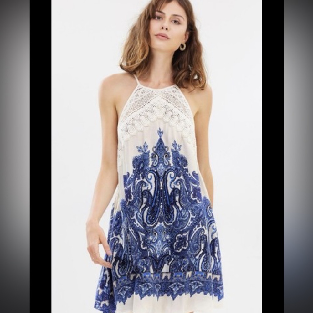 Free People Intimately Shea Printed Halter Mini Dress in White & Blue - Size M